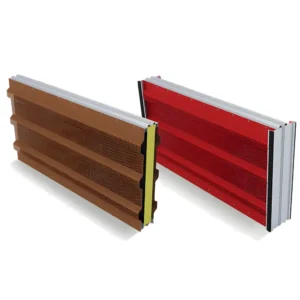 Two single-sided SSA panels shown side by side, featuring aluminium outer sheets with riveted profiles. The panels are designed for one-sided sound absorption and thermal insulation, with a rock wool core wrapped in glass fabric. Visible drainage and sealing features highlight their durable, corrosion-resistant construction.