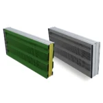 Double-sided acoustic barrier panels with perforated metal surfaces and Rockwool insulation core, shown in green and grey finishes. Used for noise reduction in industrial and infrastructure applications.