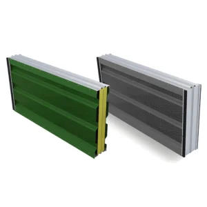 Double-sided acoustic barrier panels with perforated metal surfaces and Rockwool insulation core, shown in green and grey finishes. Used for noise reduction in industrial and infrastructure applications.