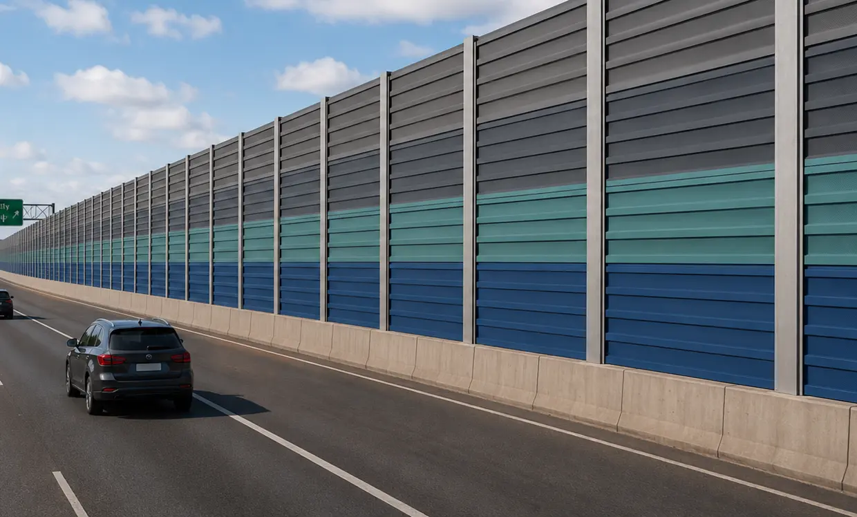 EuroAcoustic aluminium acoustic noise barrier system installed on motorway
